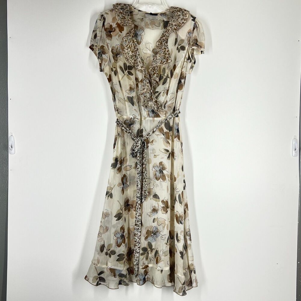 Floral Sheer Dress 10 Neutral Color Ruffled V Neck Toe Waist Lightweight Boho